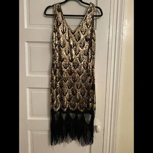 Gatsby 1920’s Vintage Flapper Dress - Sequins Tassels Fringe - Medium